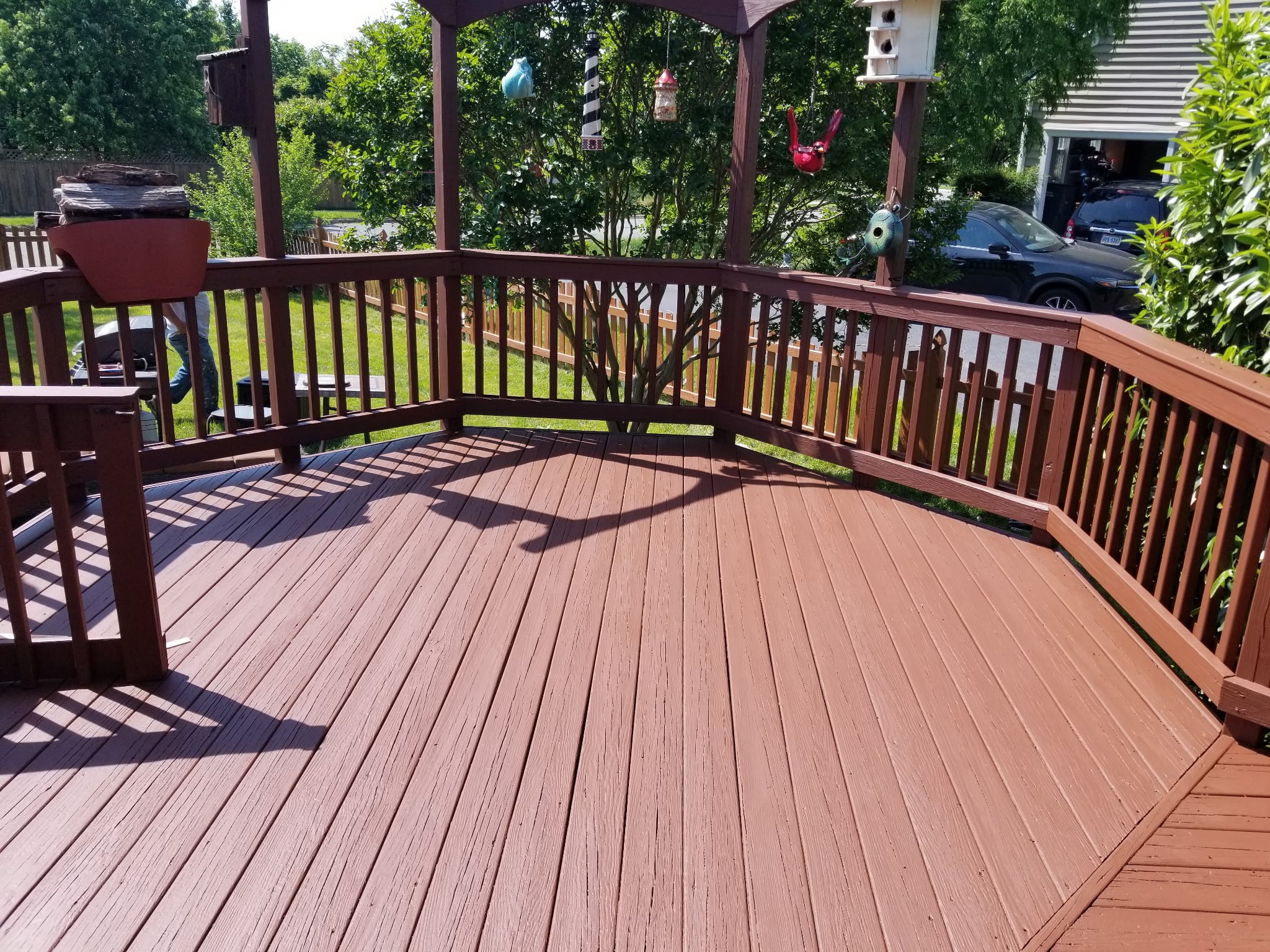 Cedar deck with octagon gazebo and custom wood railing